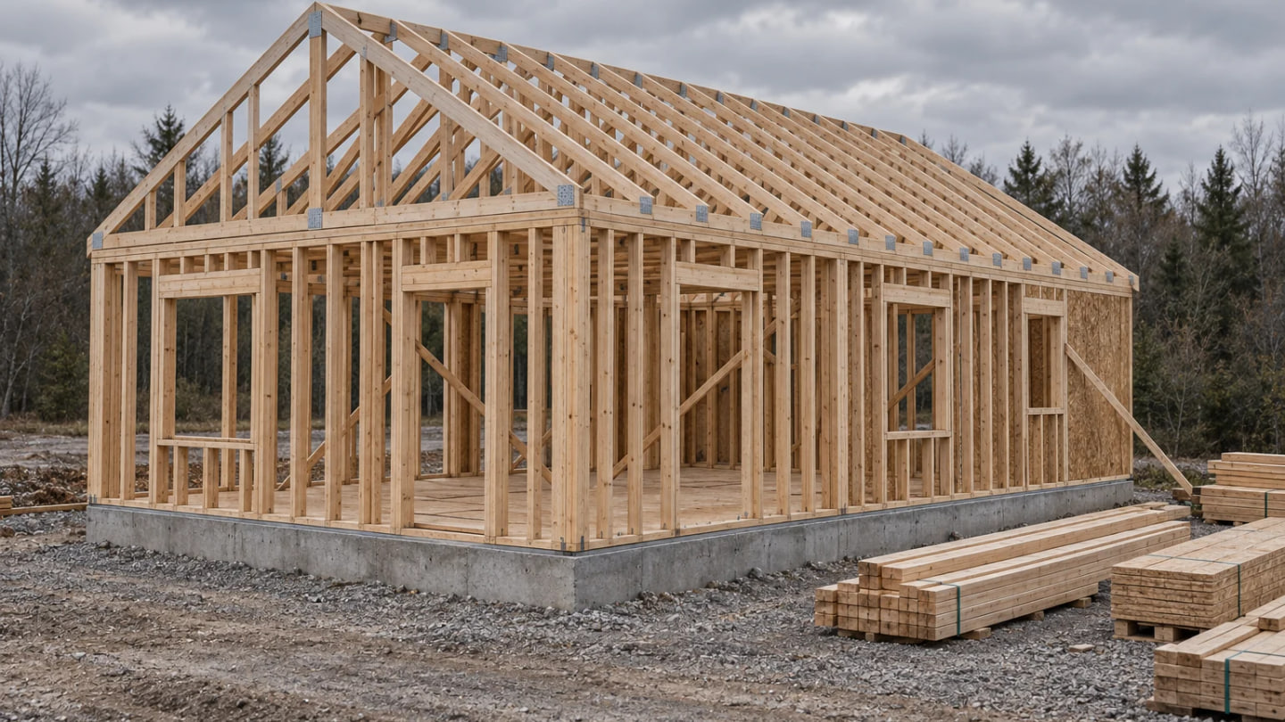 Timber-frame construction shell illustrating the boundary between digital models and validated site decisions